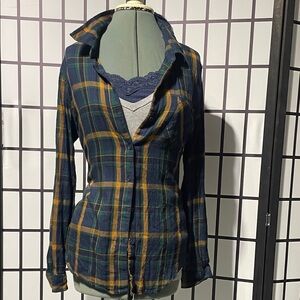 Lucky Brand Navy and Yellow Plaid Button-Down Shirt